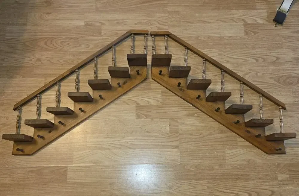 Vtg 2 Wooden Staircase Wall Display Shelves 7 Steps Each Spindles Pegs Handmade